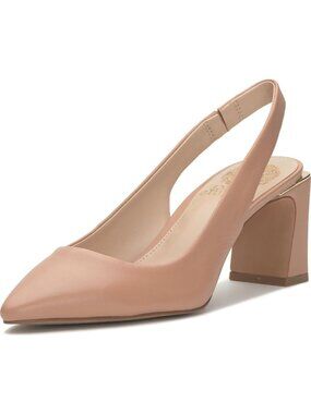 Women Sandstone Leather Pointed Toe Solid Hamden Slingback Pump Block Heel Shoes